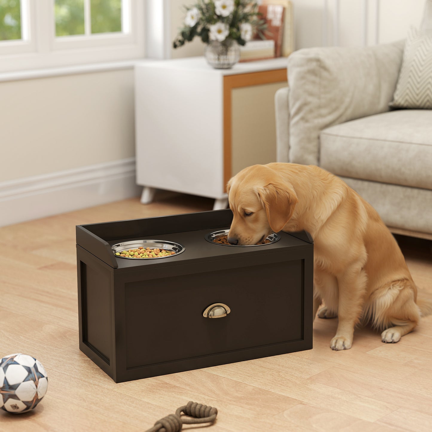Elevated Pet Feeding Station with Storage - Large Dog Bowls in Coffee