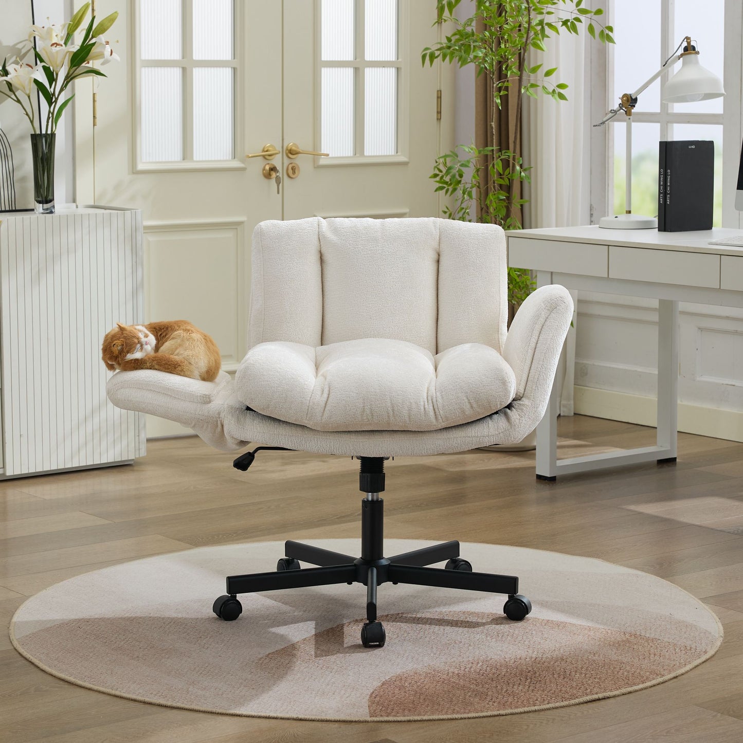 Chenille Swivel Office Chair - Height Adjustable with Armrests - Beige