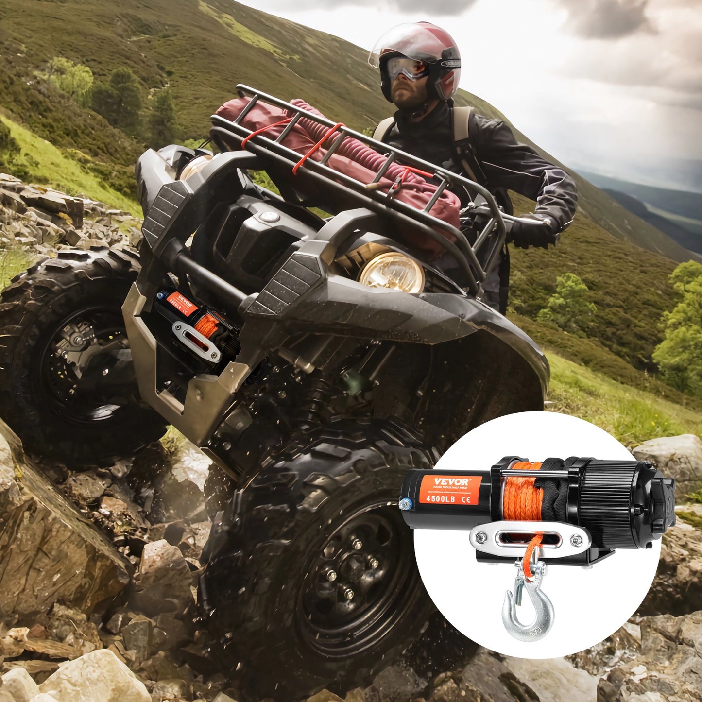 Electric Winch 4500 Lb Waterproof Synthetic Rope for ATV UTV Off-Road Recovery - Black
