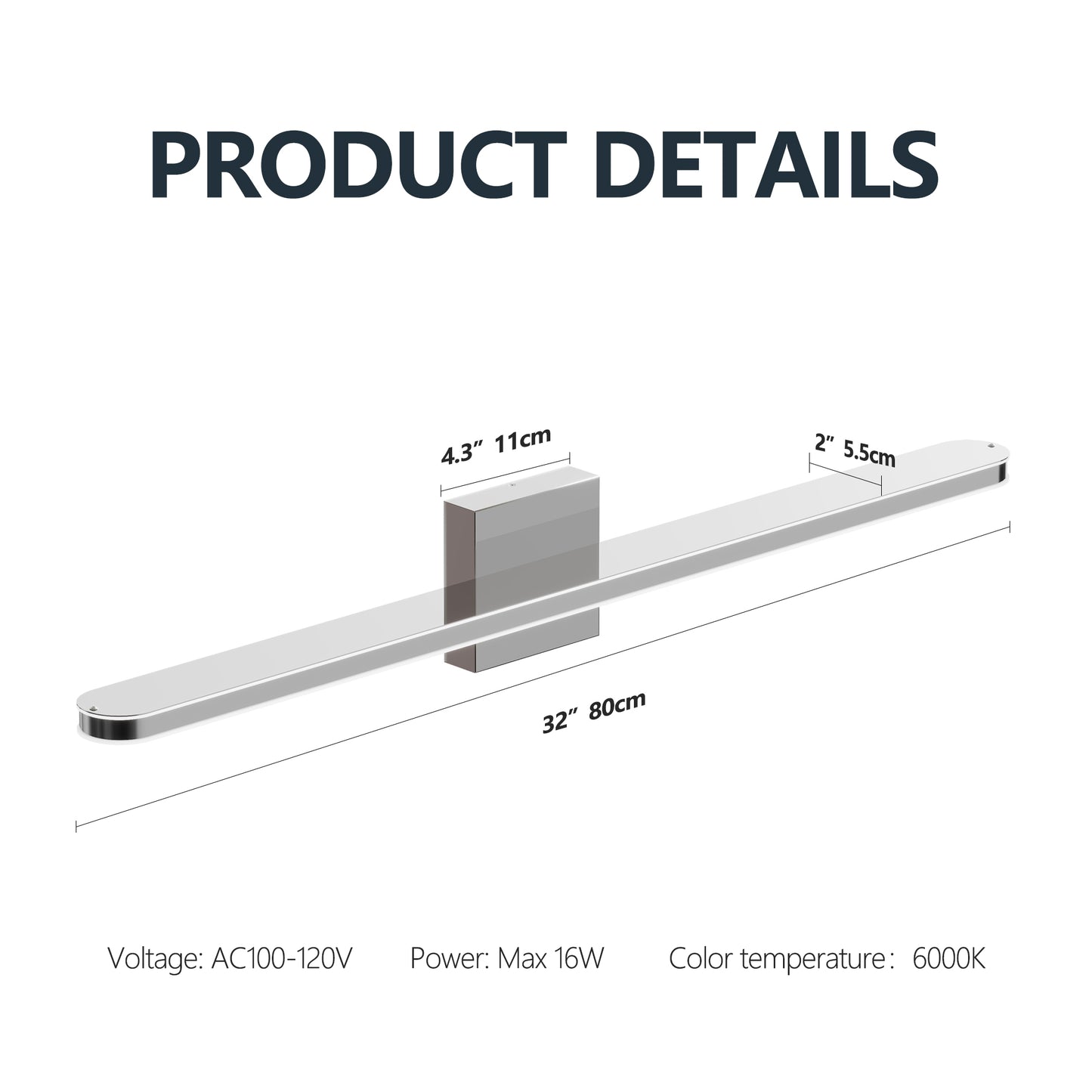 32-Inch Dimmable LED Vanity Light Fixture for Bathroom Mirror Chrome Finish