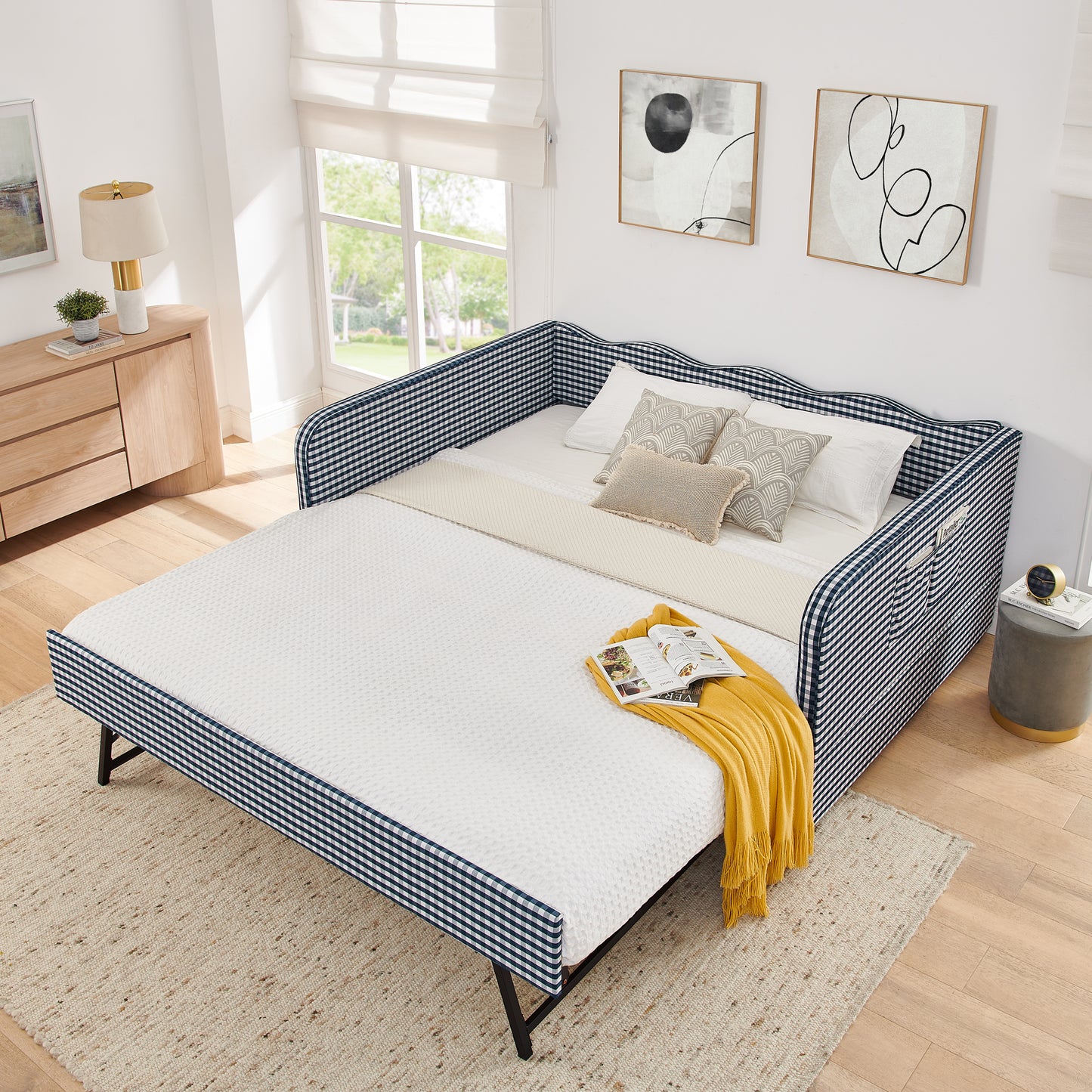 Full-Size Gingham Upholstered Daybed with Trundle & Storage - Dark Blue