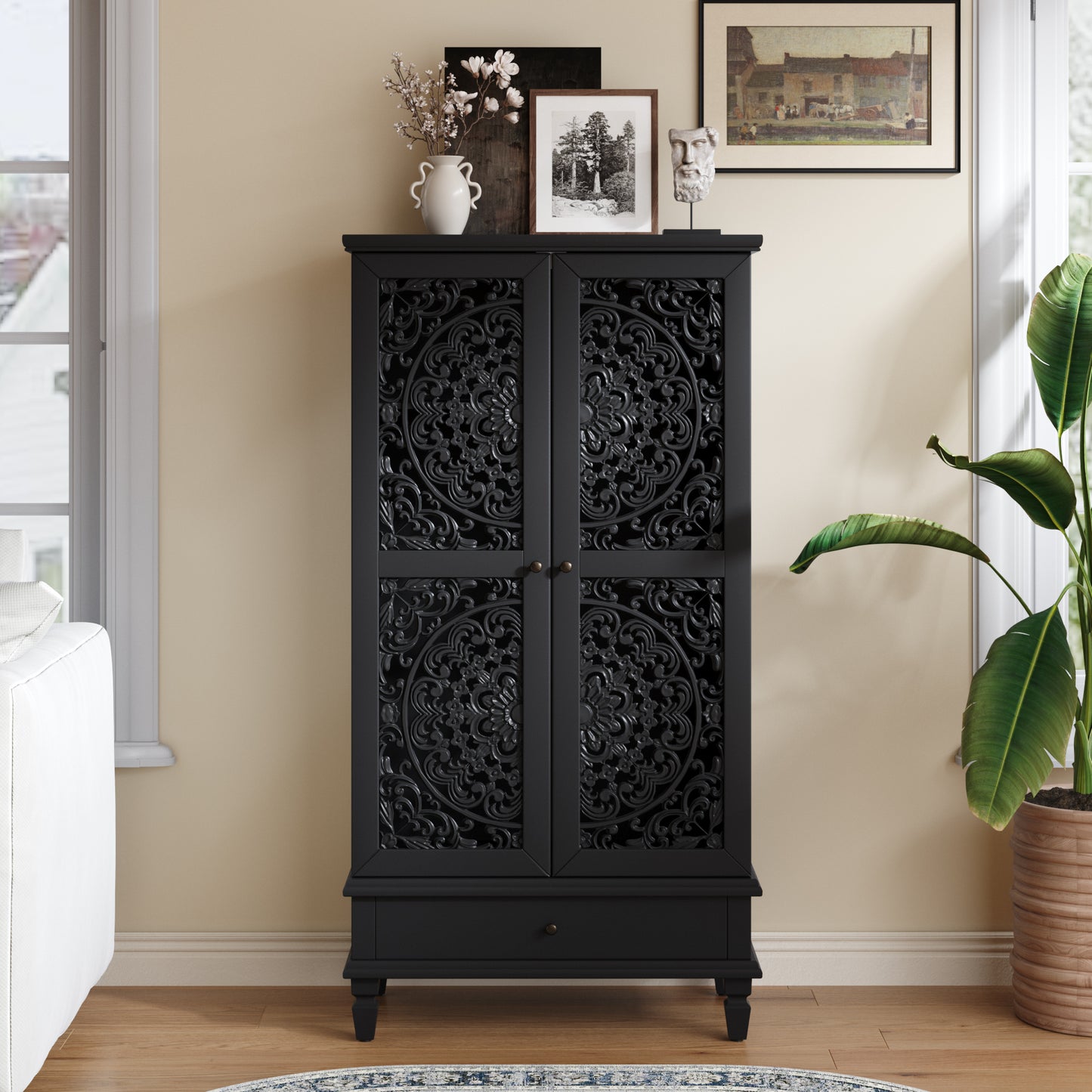 Rustic 55" Tall Storage Cabinet with Drawer - Black Accent Cabinet