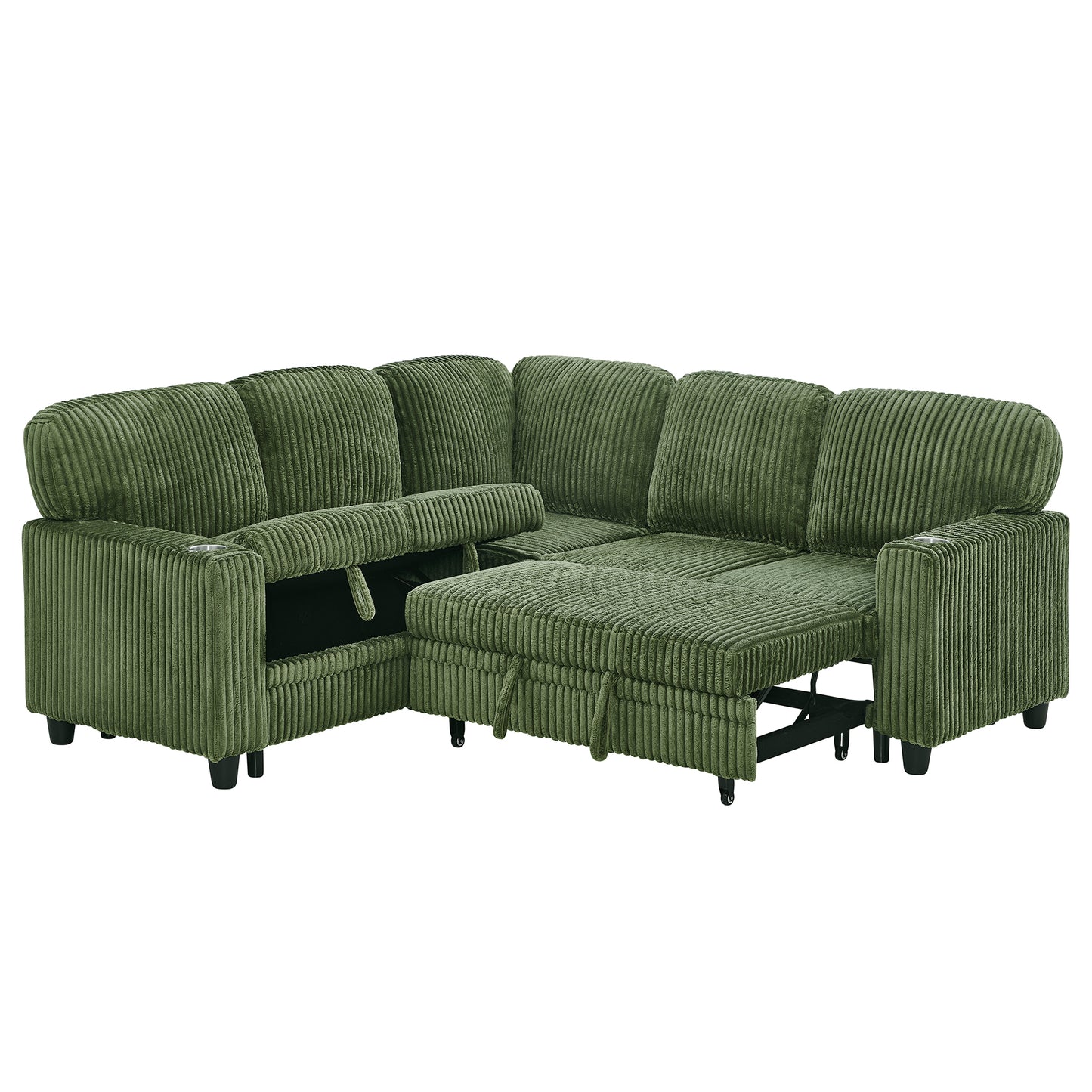 L-Shaped Sectional Sofa Bed with USB Charging & Storage - Olive Green
