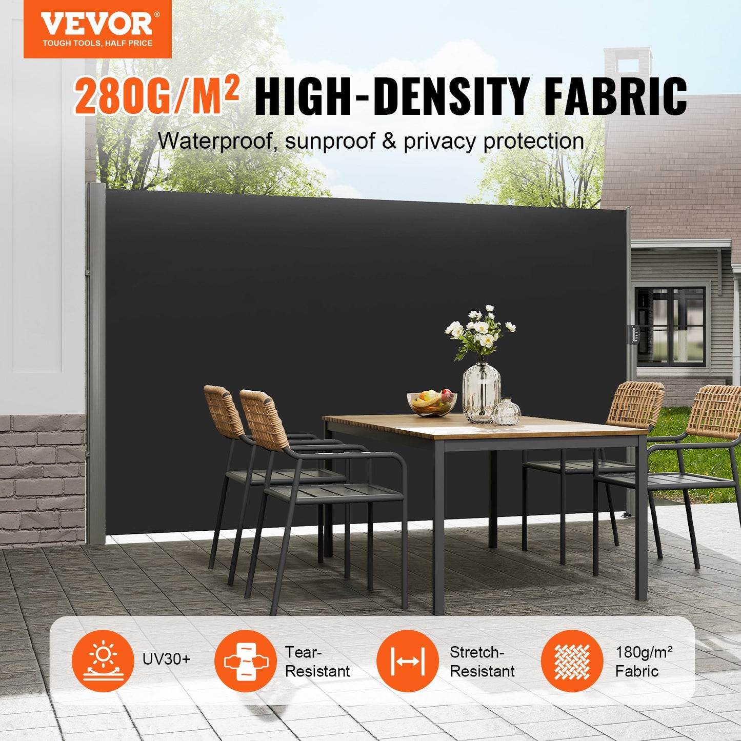 Retractable Side Awning 118x71 Waterproof Patio Screen Black Garden Outdoor