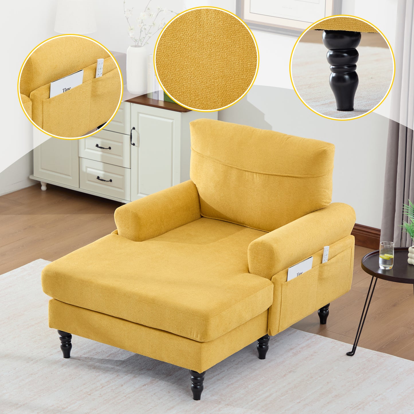 Modern Minimalist Chenille Chaise Lounge Recliner - Mustard Yellow