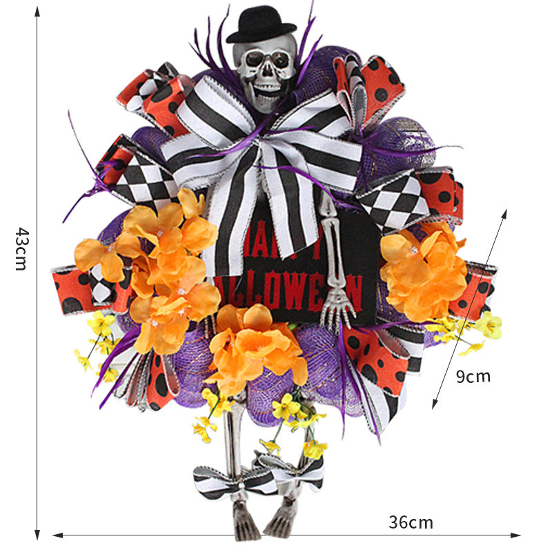 Halloween Skeleton Door Hanger Rattan Pumpkin Wreath Front Door Decor