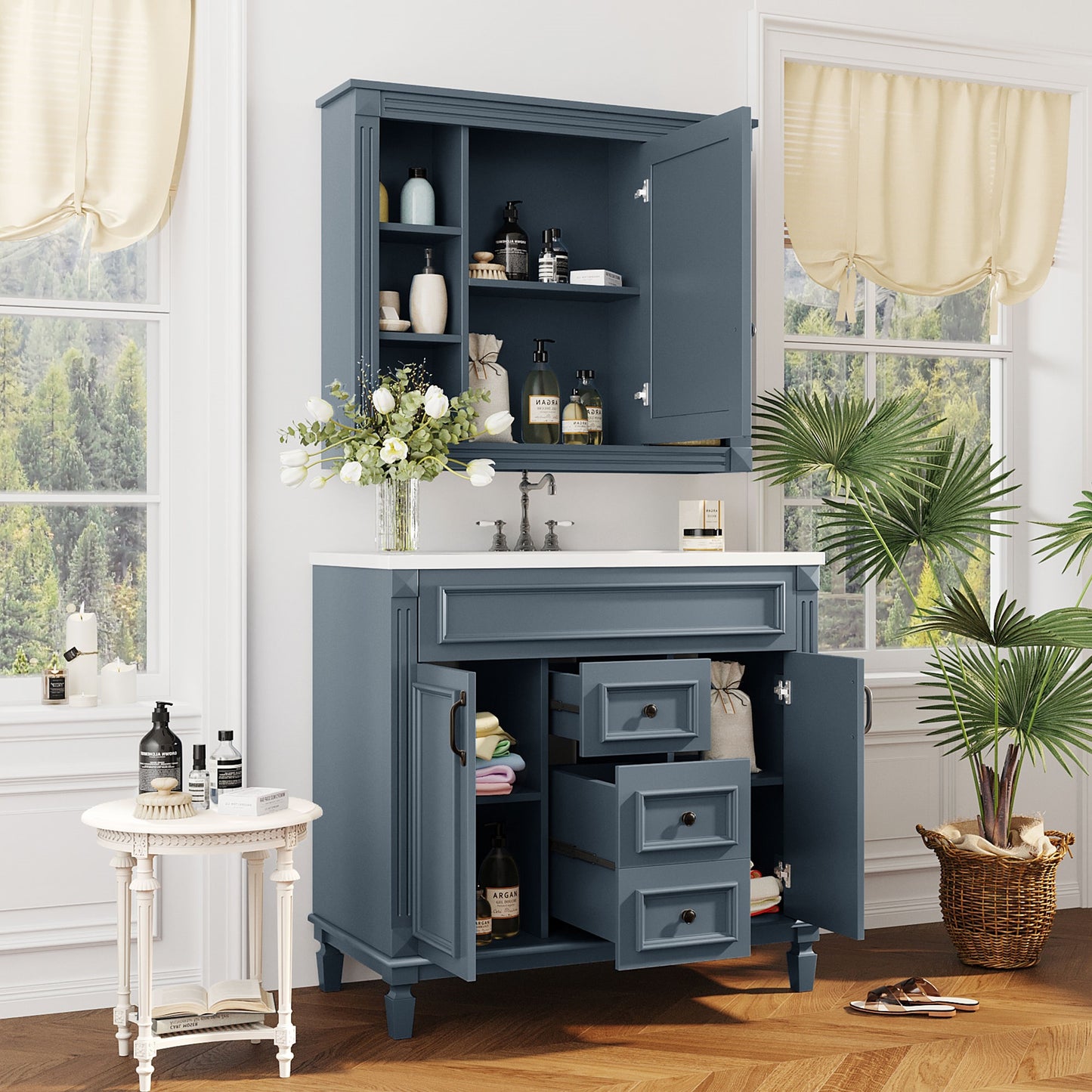 36'' Modern Bathroom Vanity with Blue Sink & Mirror Cabinet