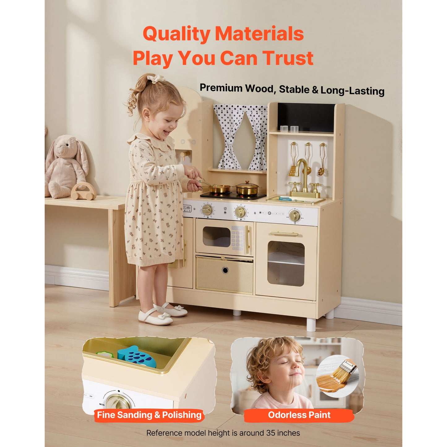 Wooden Play Kitchen Set for Kids with Lights & Sounds - Pretend Food & Cookware