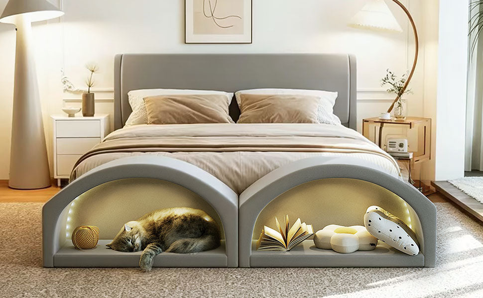 Queen Size Upholstered Platform Bed Frame with Dual Cat Caves & LED Pet Nests - Gray