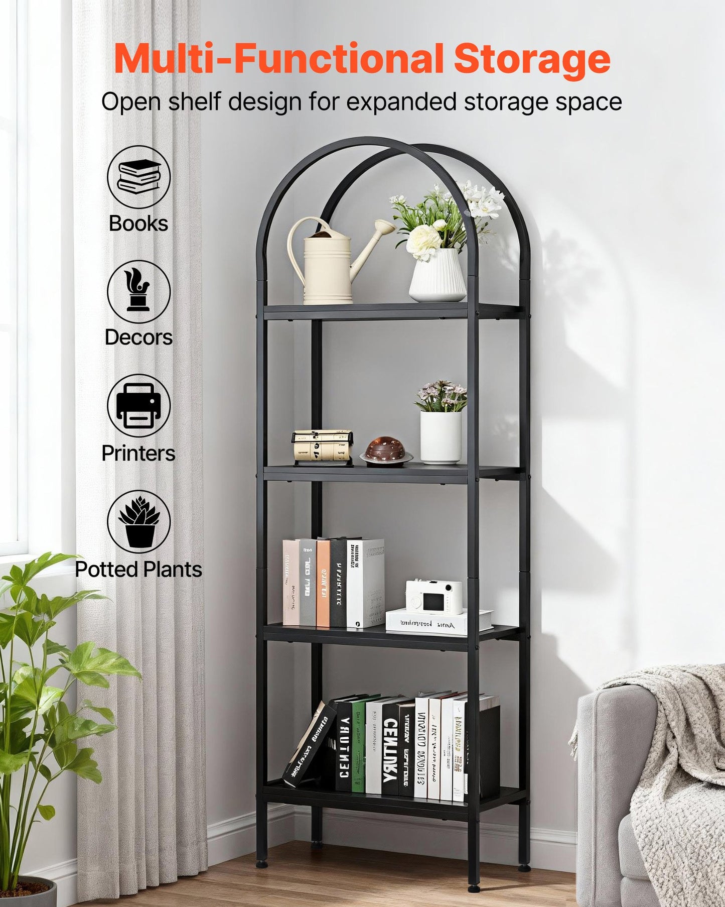 4-Tier Open Bookshelf with Metal Frame - Tall Industrial Bookcase for Office & Living Room, Black