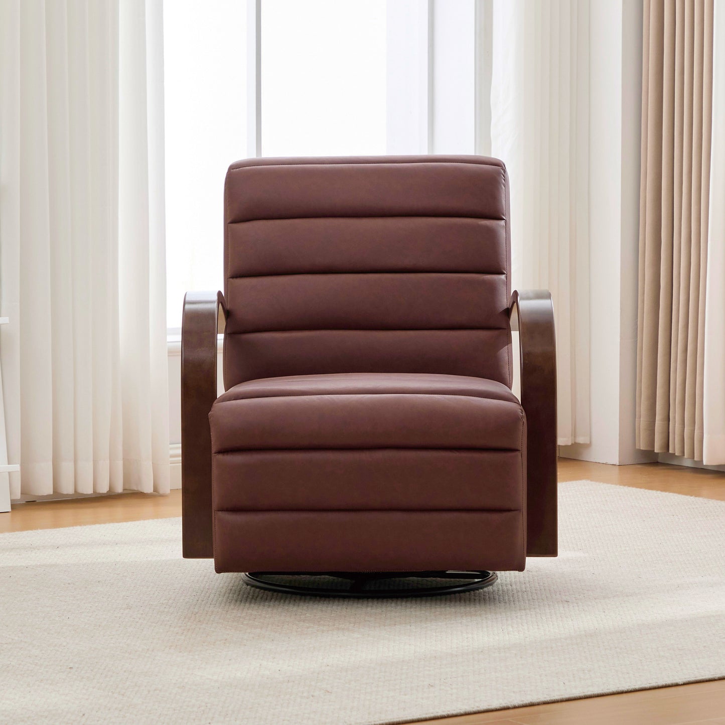 Modern 360° Swivel Accent Chair with Solid Wood Armrests - Brown
