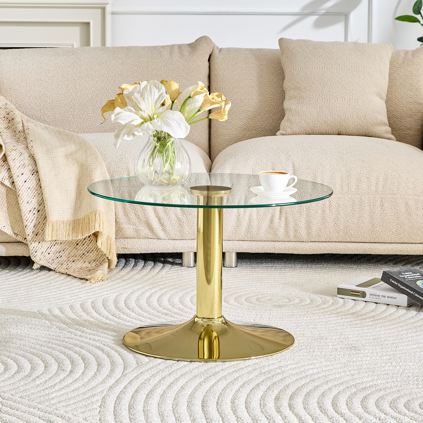 Round Tempered Glass Coffee Table - 27.5-Inch Diameter, Gold Base