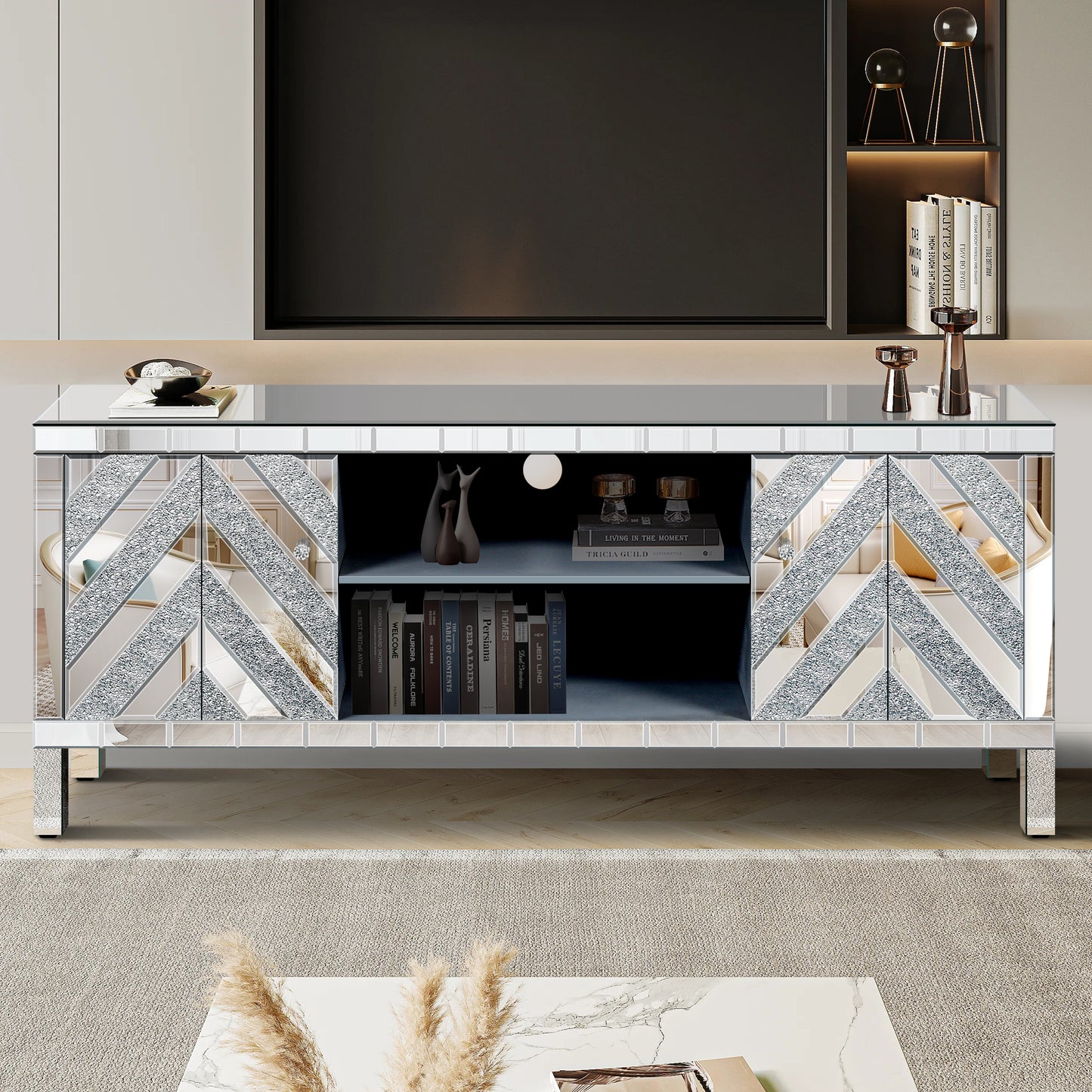Mirrored TV Stand for 65-Inch TV - Silver Console Table with Storage