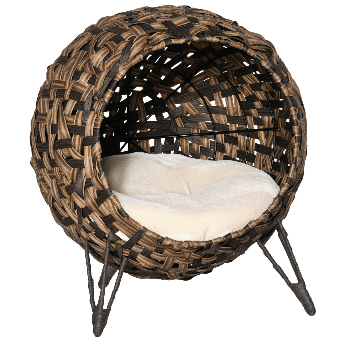 20.5-Inch Weaved Cat Bed with Cushion - Elevated Handwoven Banana Leaf Condo in Brown