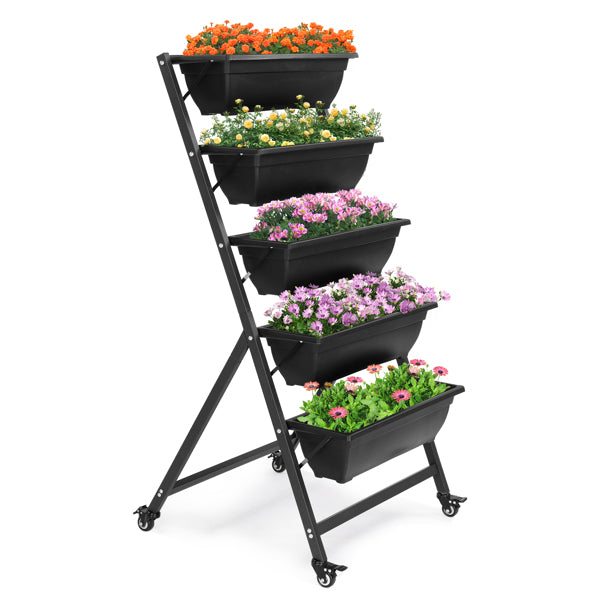 Black 5-Layer Vertical Garden Planter with Wheels - 65x60x130cm