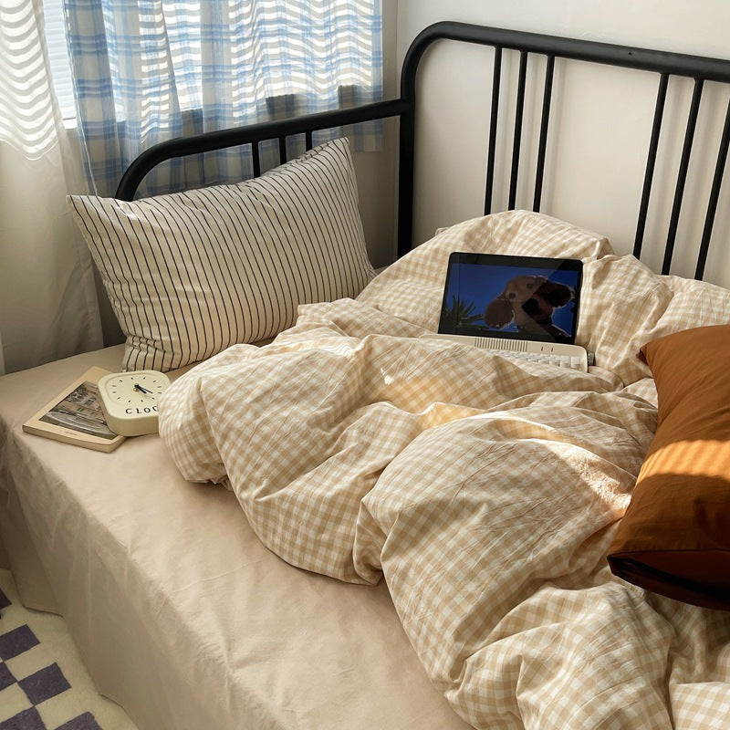 Fresh All-Cotton Checkered Bedding Set - Light Beige, 4 Pieces
