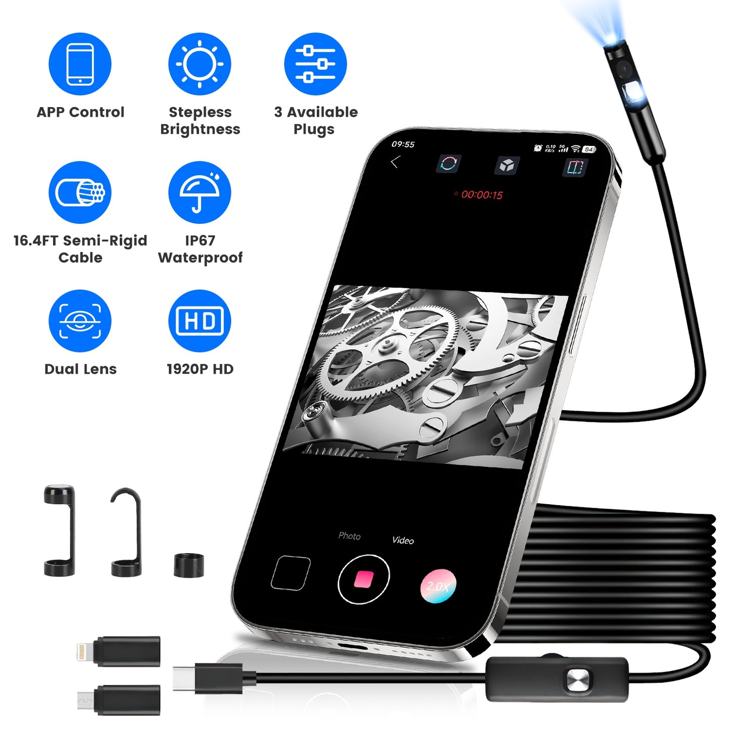 Endoscope Camera 1920P HD Waterproof Inspection Borescope with Dual Lenses & App Control