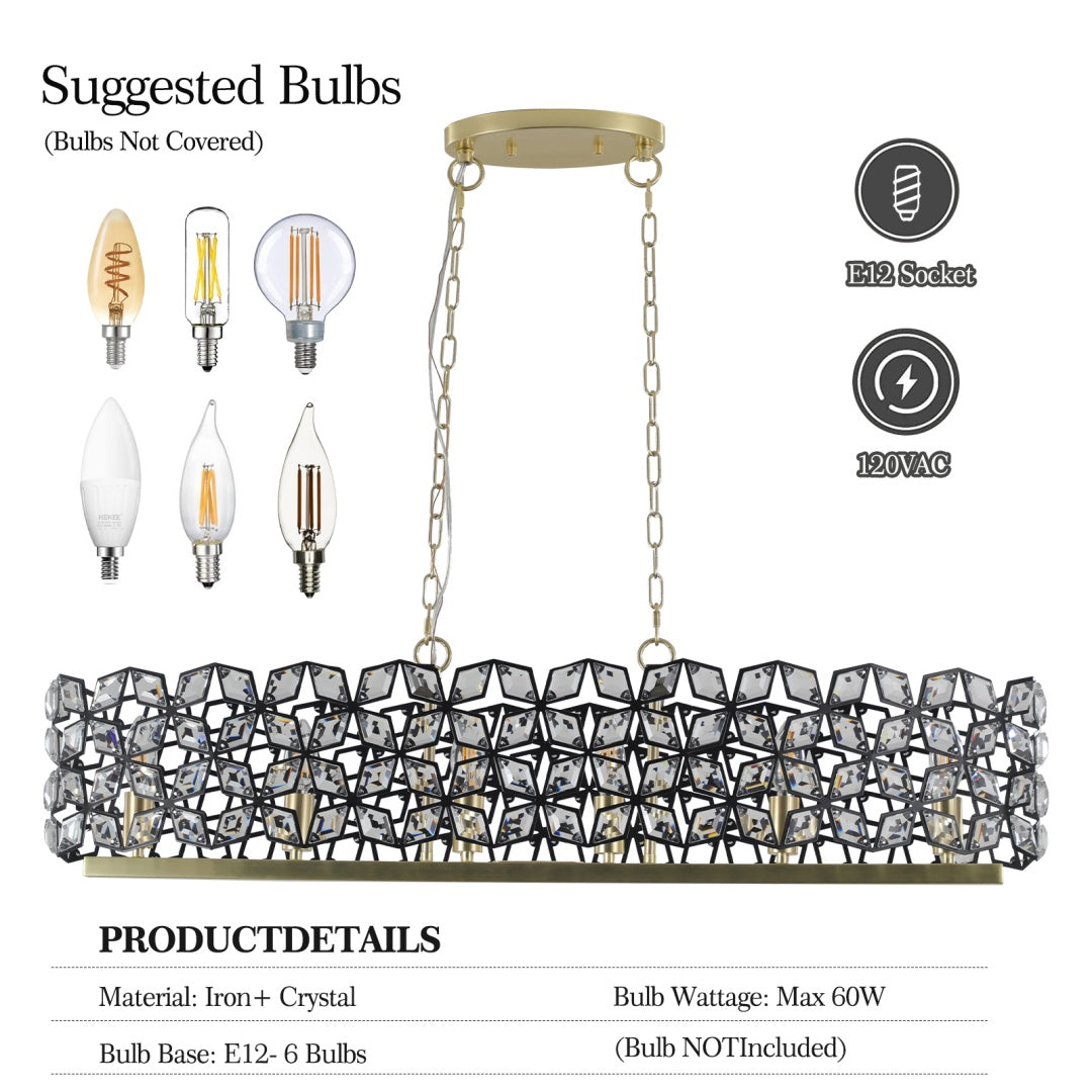 Contemporary Crystal Pendant Chandelier - Black & Gold Modern Light Fixture for Dining Room