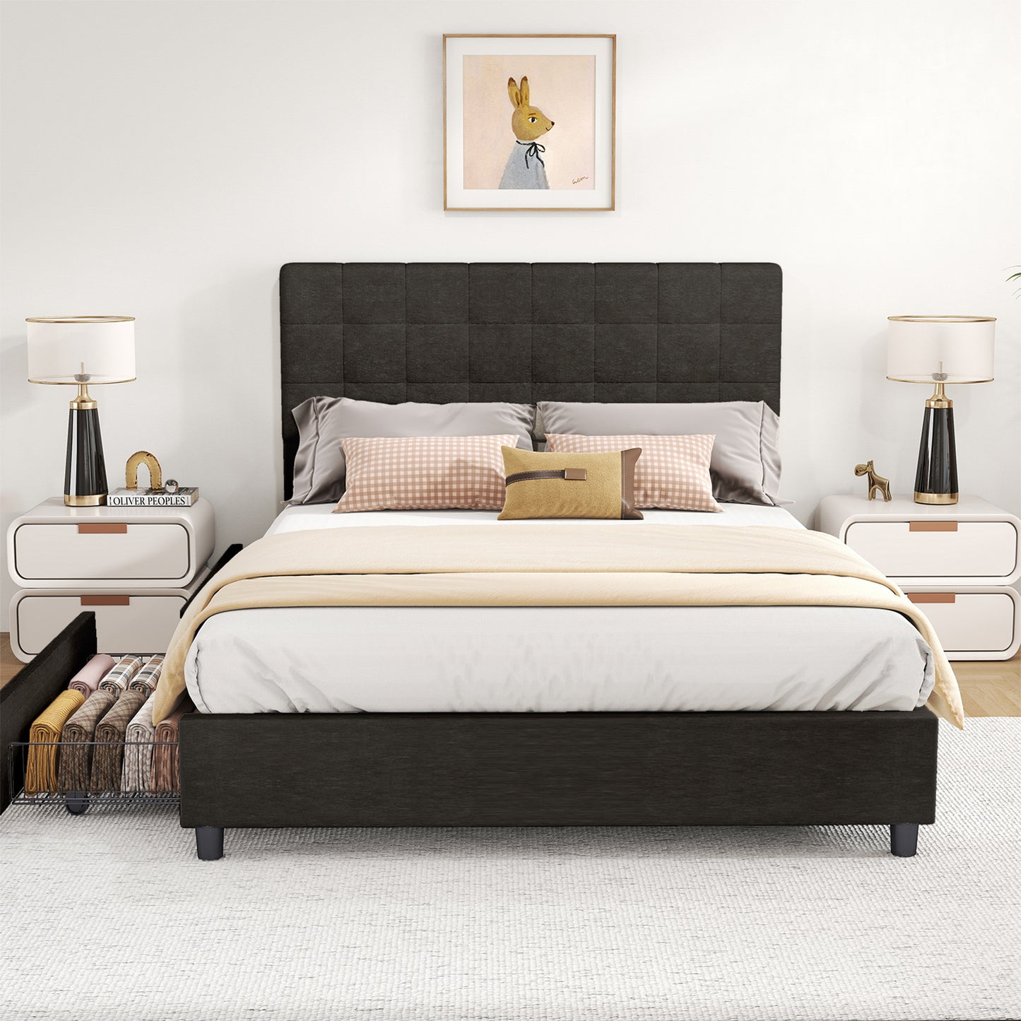 Full Bed Frame Upholstered Vertical Channel Headboard With 4 Storage