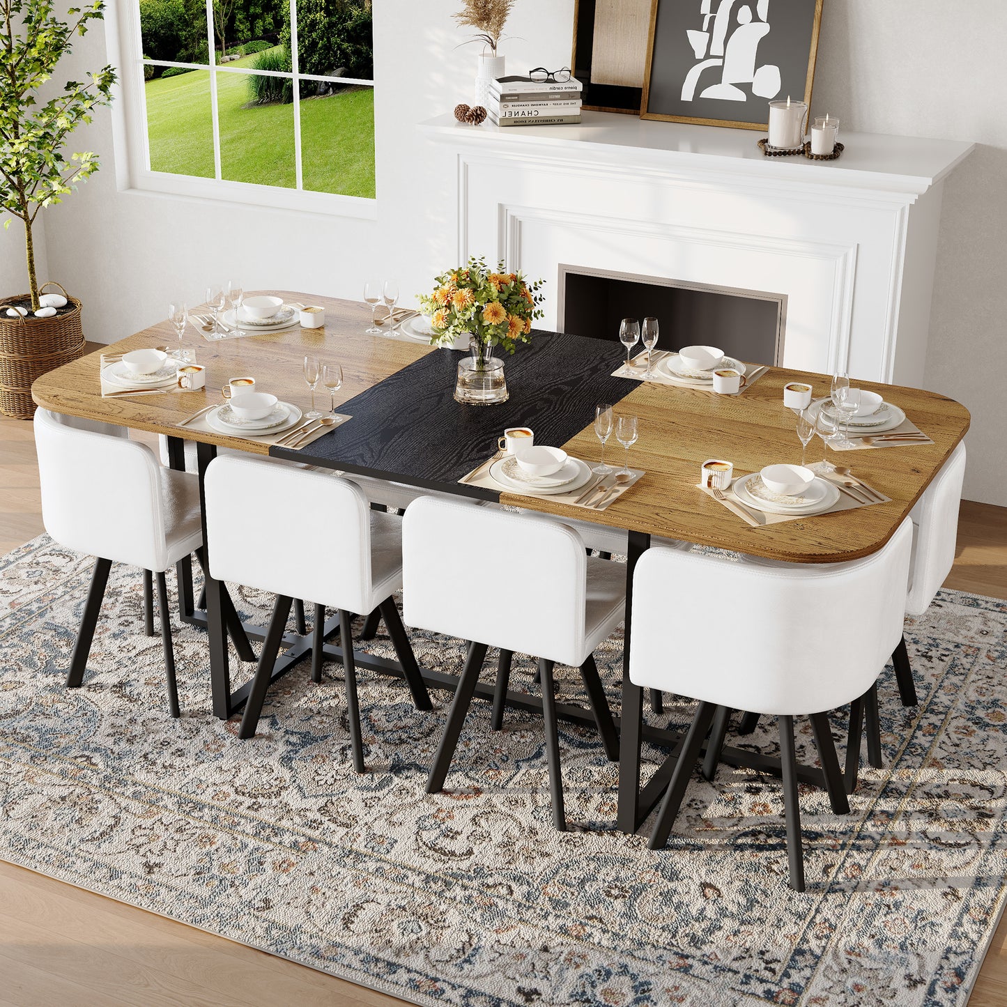 9-Piece Square Dining Table Set, Fixed Two-Tone Wood Grain & Black