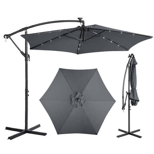 10FT Round Hanging Patio Umbrella with LED Lights & Stand - Gray