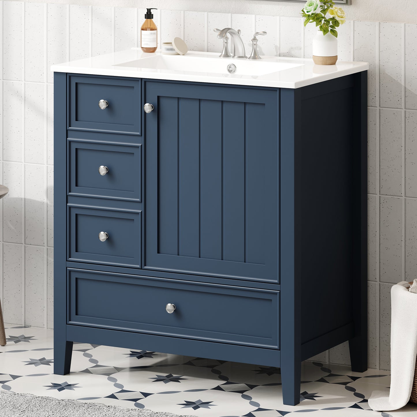 30" Bathroom Vanity with Sink, One Cabinet & Three Drawers - Blue