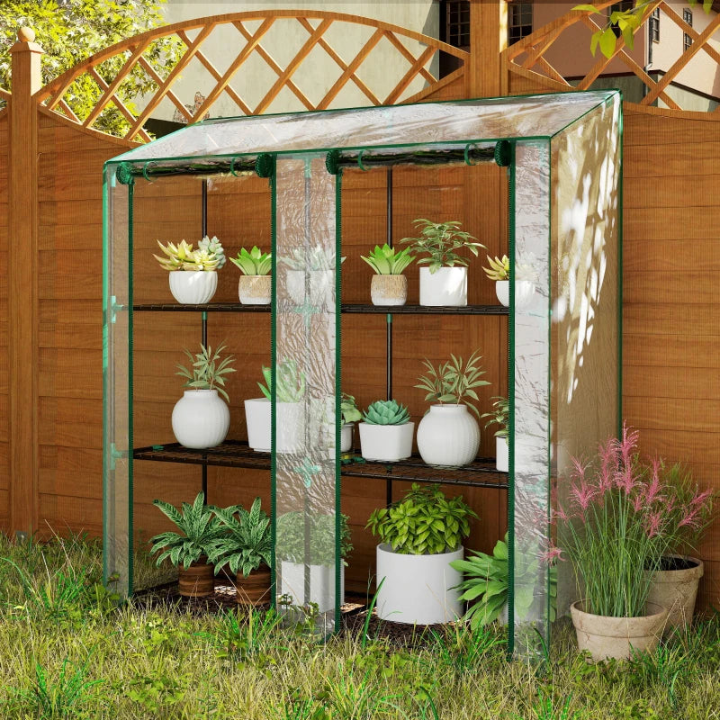Portable Lean-To Greenhouse with 3 Tier Shelves and Zipper Doors - Clear