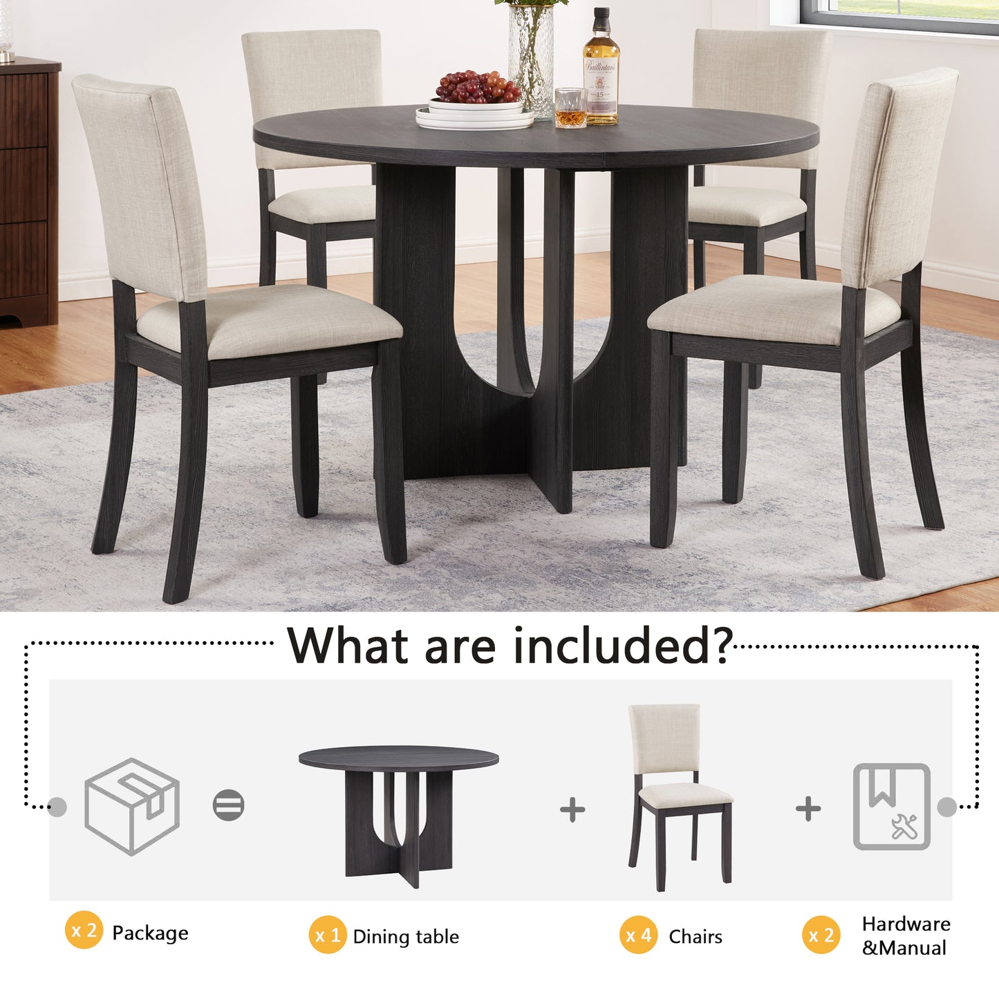 47.3" Round Dining Table Set with 4 Upholstered Chairs - Antique Black & Beige