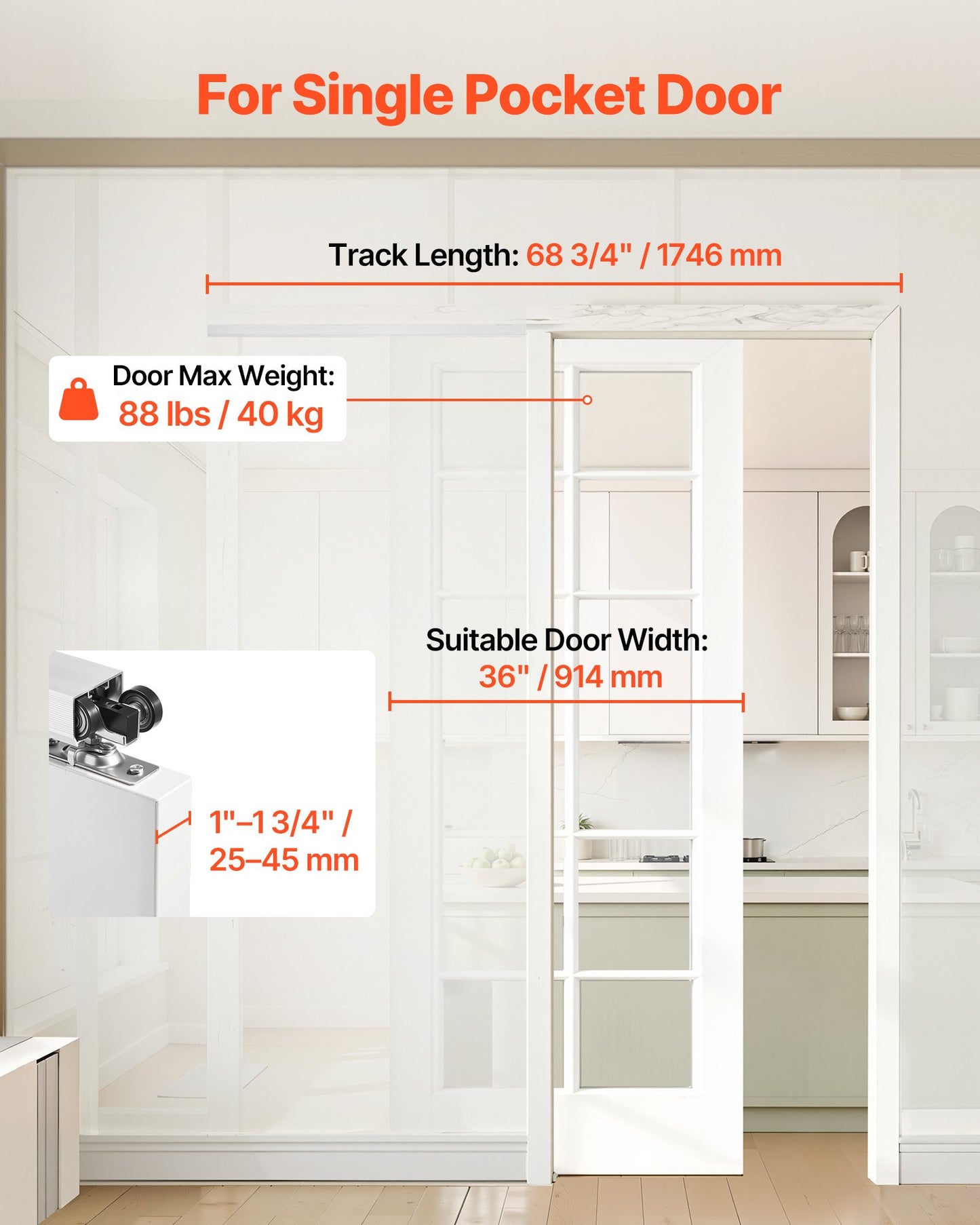 Sliding Pocket Door Hardware Track Kit - 68.74 Inch with Soft Close, Black