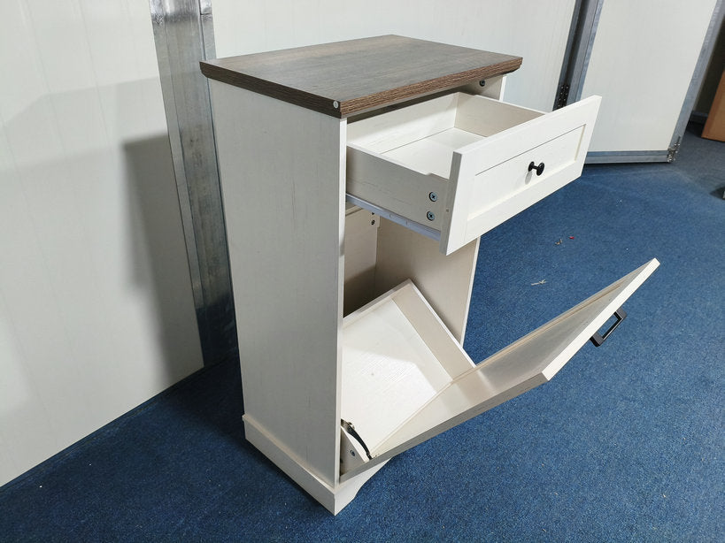 Tilt-Out Trash Cabinet - Freestanding Wood Recycling Bin with Drawer, Antique Brown & White
