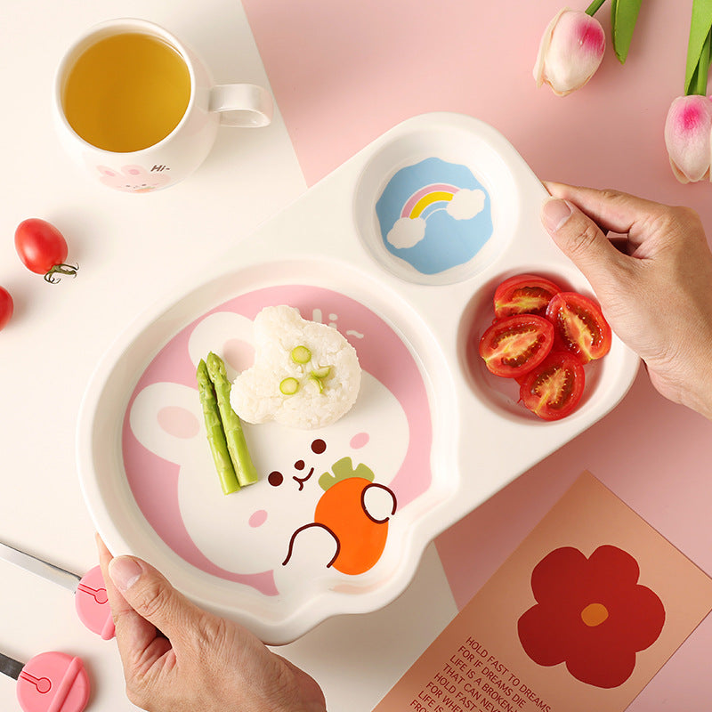 Children's Dinnerware Set with Cartoon Rabbit Design - Plates, Bowls, Cups & Utensils, Multiple Pieces
