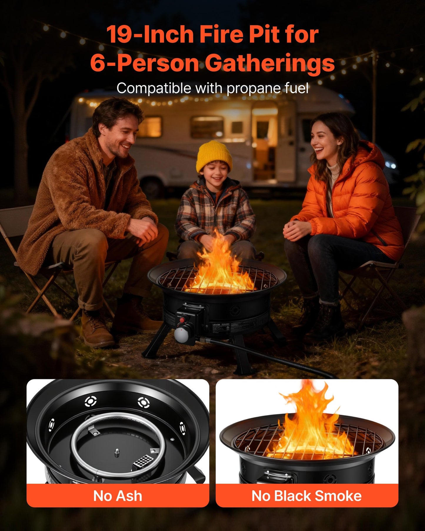 Portable Propane Fire Pit 19-Inch 53,000 BTU with Grill Grate & Lava Rocks