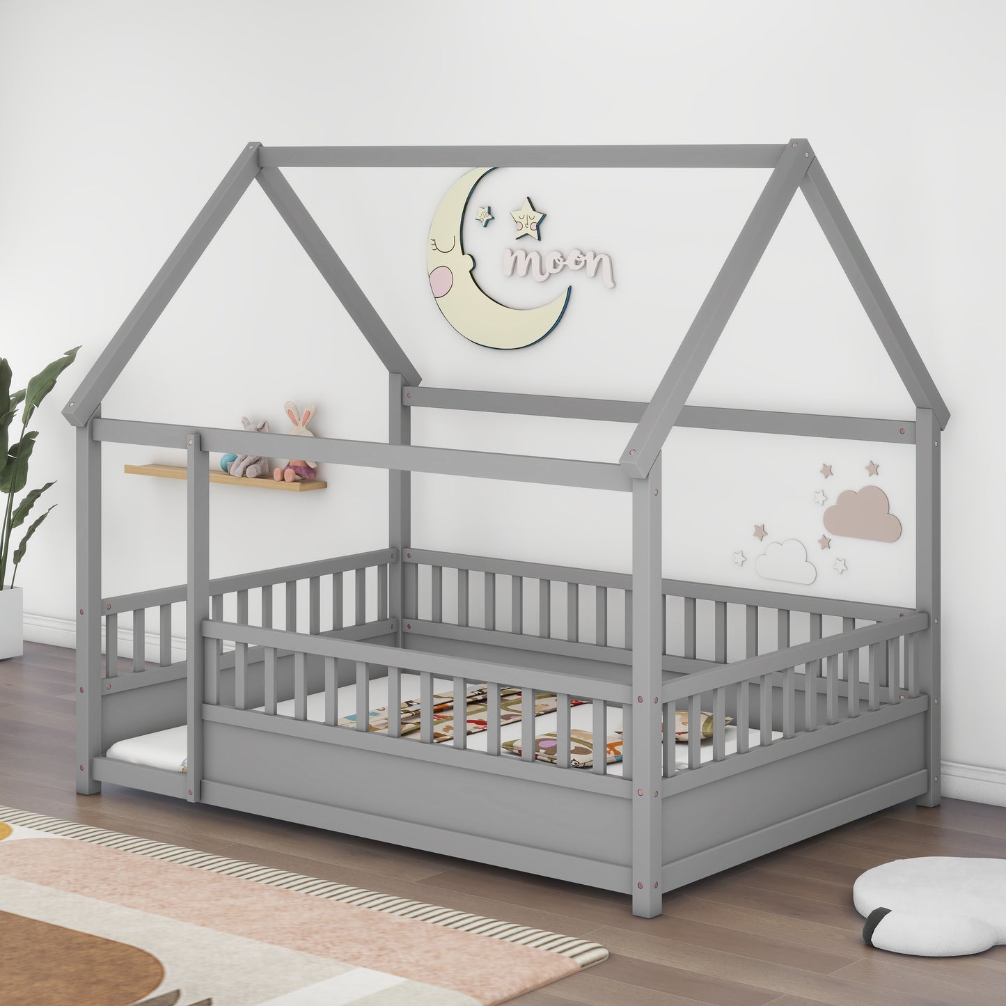 Full Size Wooden Bed with House Roof Frame & Fence Guardrails - Grey