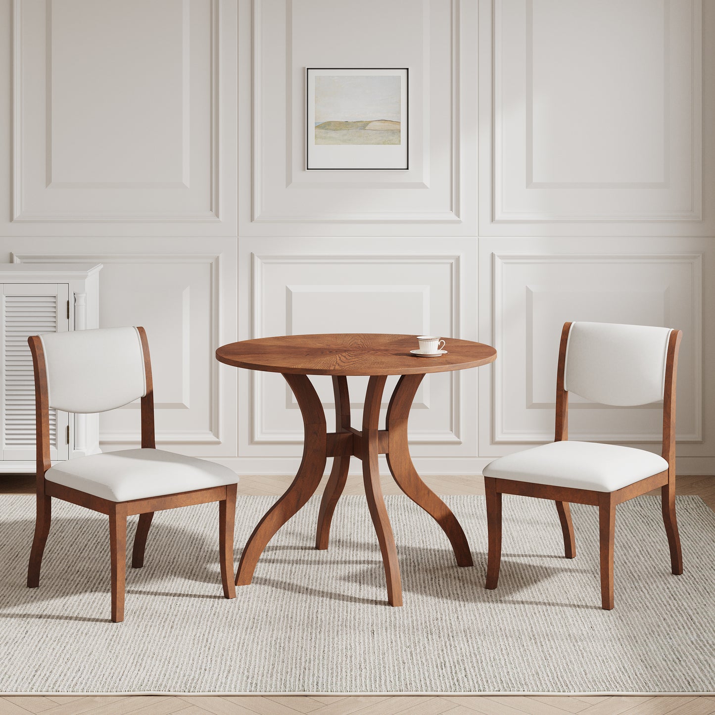 Round Walnut Dining Table Set with 2 Chairs - Traditional Design