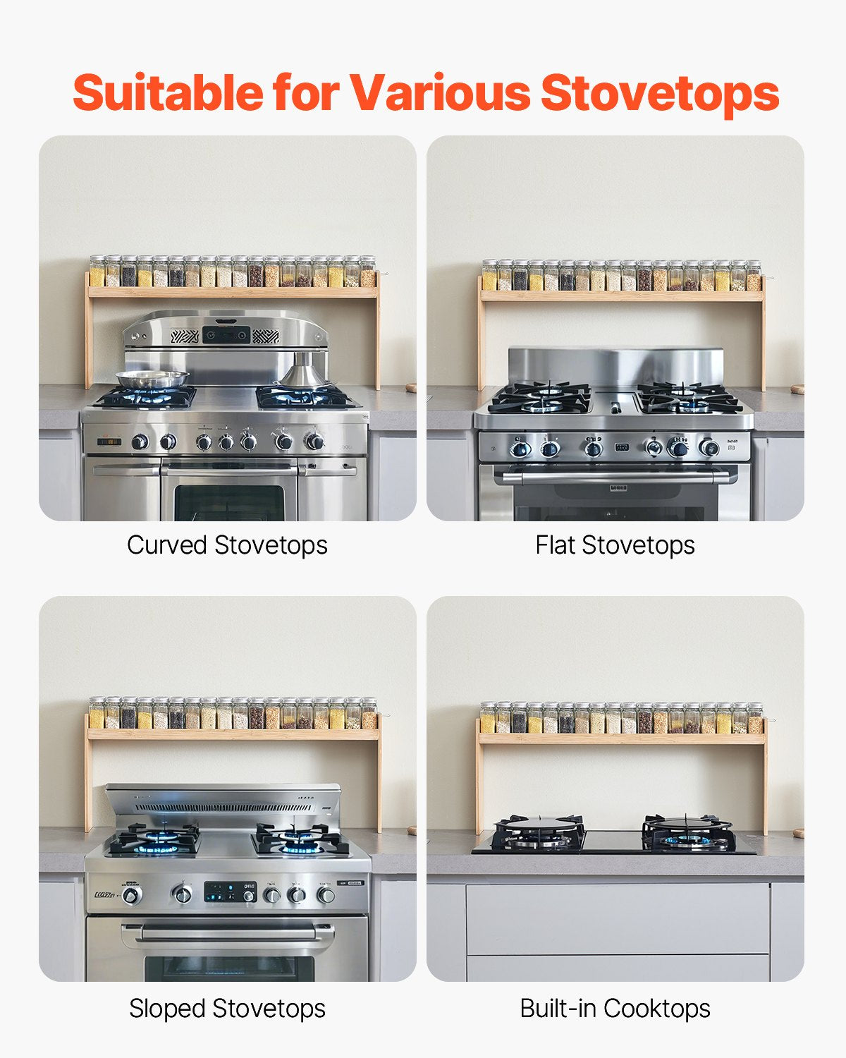 Over The Stove Spice Rack Organizer - Bamboo Shelf with 6 Hooks