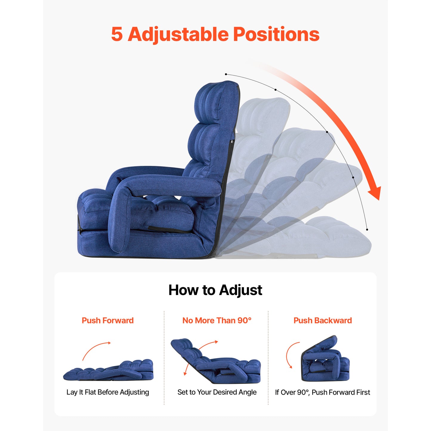 Folding Floor Chair with Adjustable Positions, Back Support, Armrests & Cushion - Dark Blue