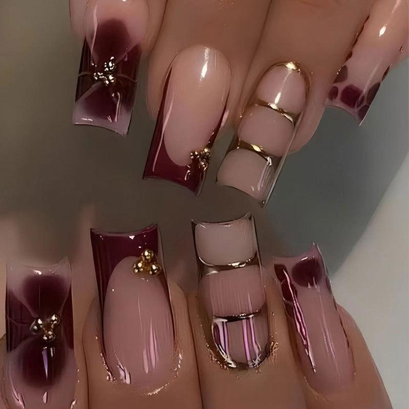 Printed Golden Square Press-On Nails with Floral Design - 24pcs