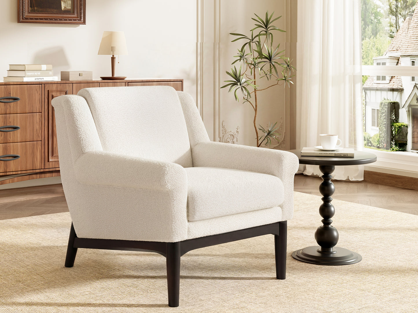 Beige Modern Accent Chair with Flared Arms - Upholstered Lounge Chair