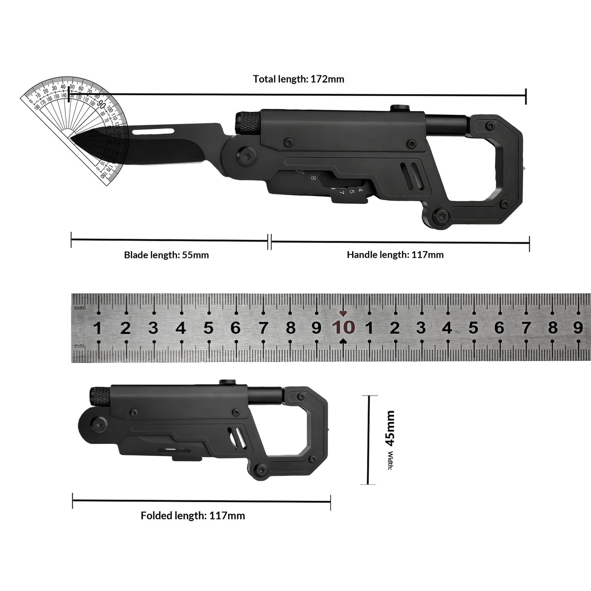 Multi-Functional Carabiner Knife with LED Light for Outdoor Survival - Black