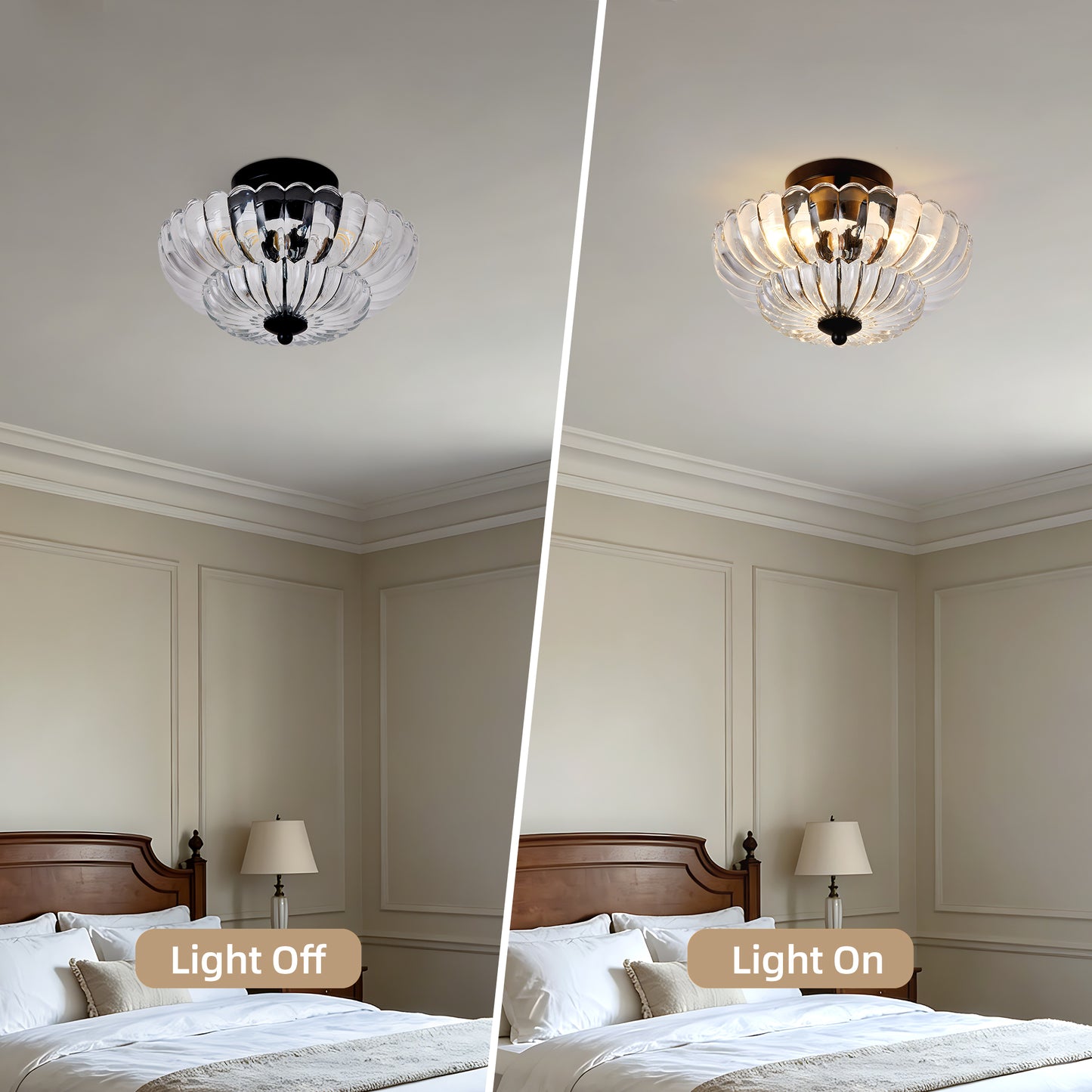 3-Bulb Semi Flush Mount Ceiling Light with Floral Glass Shades - Smoky Gray & Clear Variants
