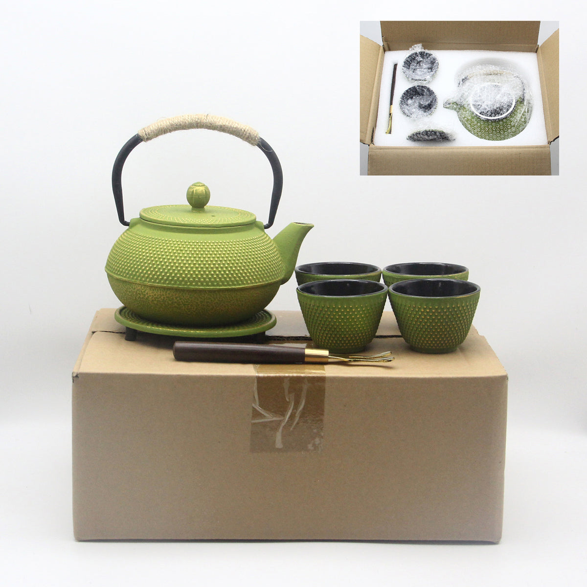800ml Cast Iron Enamel Kettle Set with Cups and Utensils - Anti-Rust Nordic Style