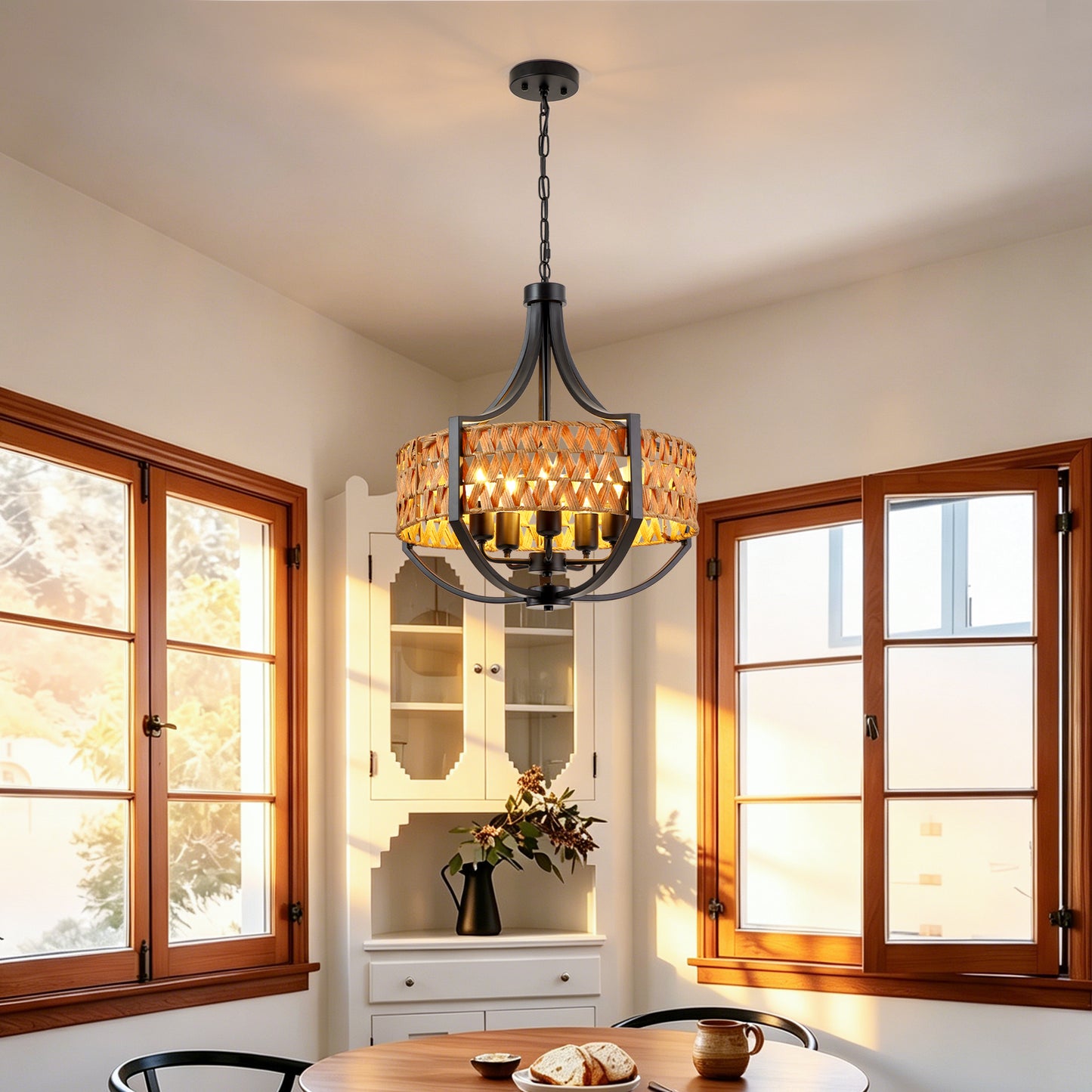 19.7-Inch Black Rattan Pendant Light with 5 LED Spotlights - Farmhouse Ceiling Chandelier for Dining & Living Rooms