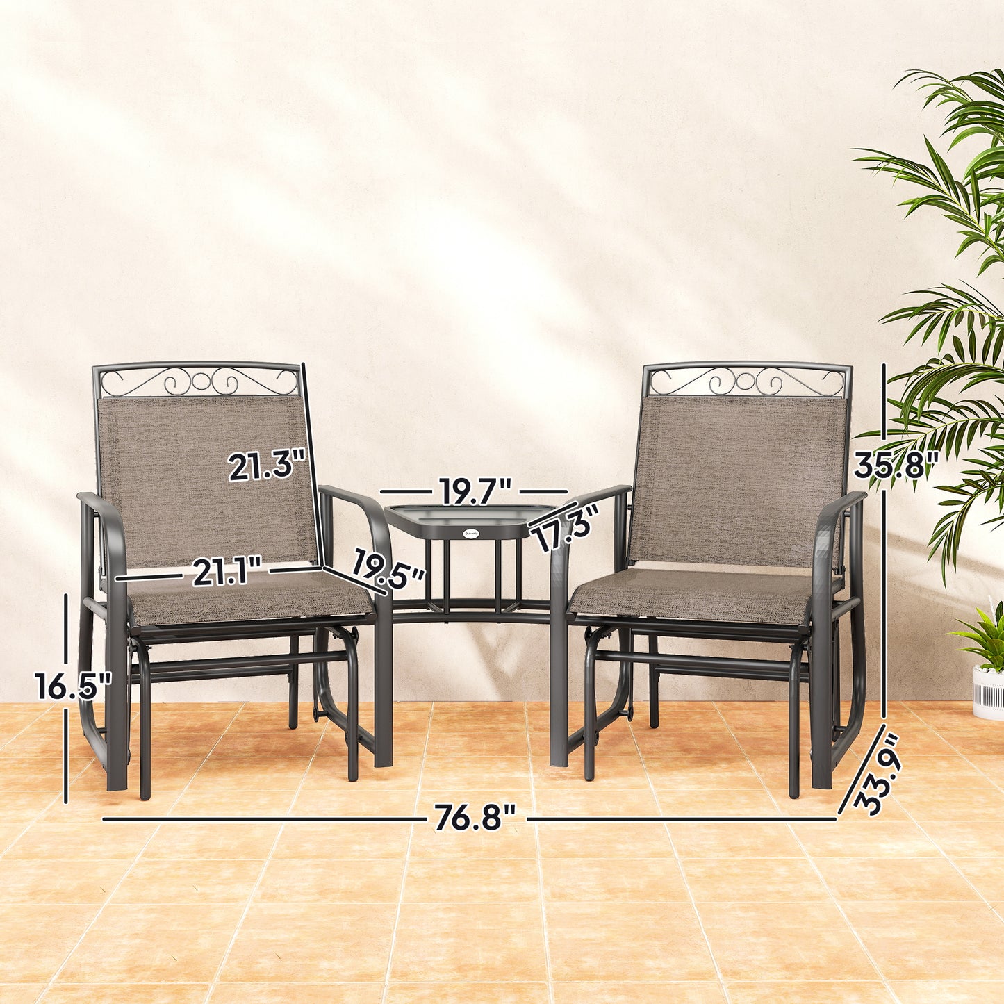 Outdoor Glider Chairs with Coffee Table - Brown 2-Seater Rocking Chair