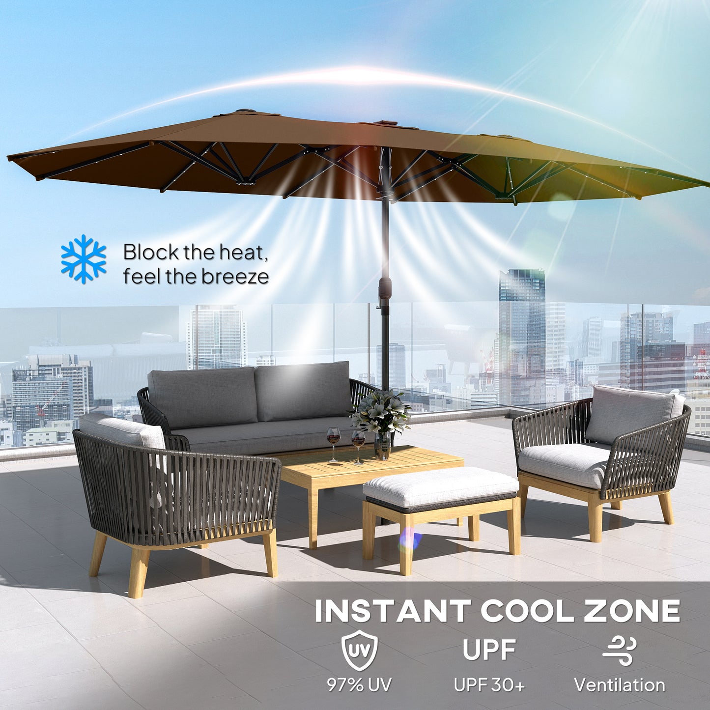 Double-Sided Garden Parasol with LED Solar Lights - Coffee