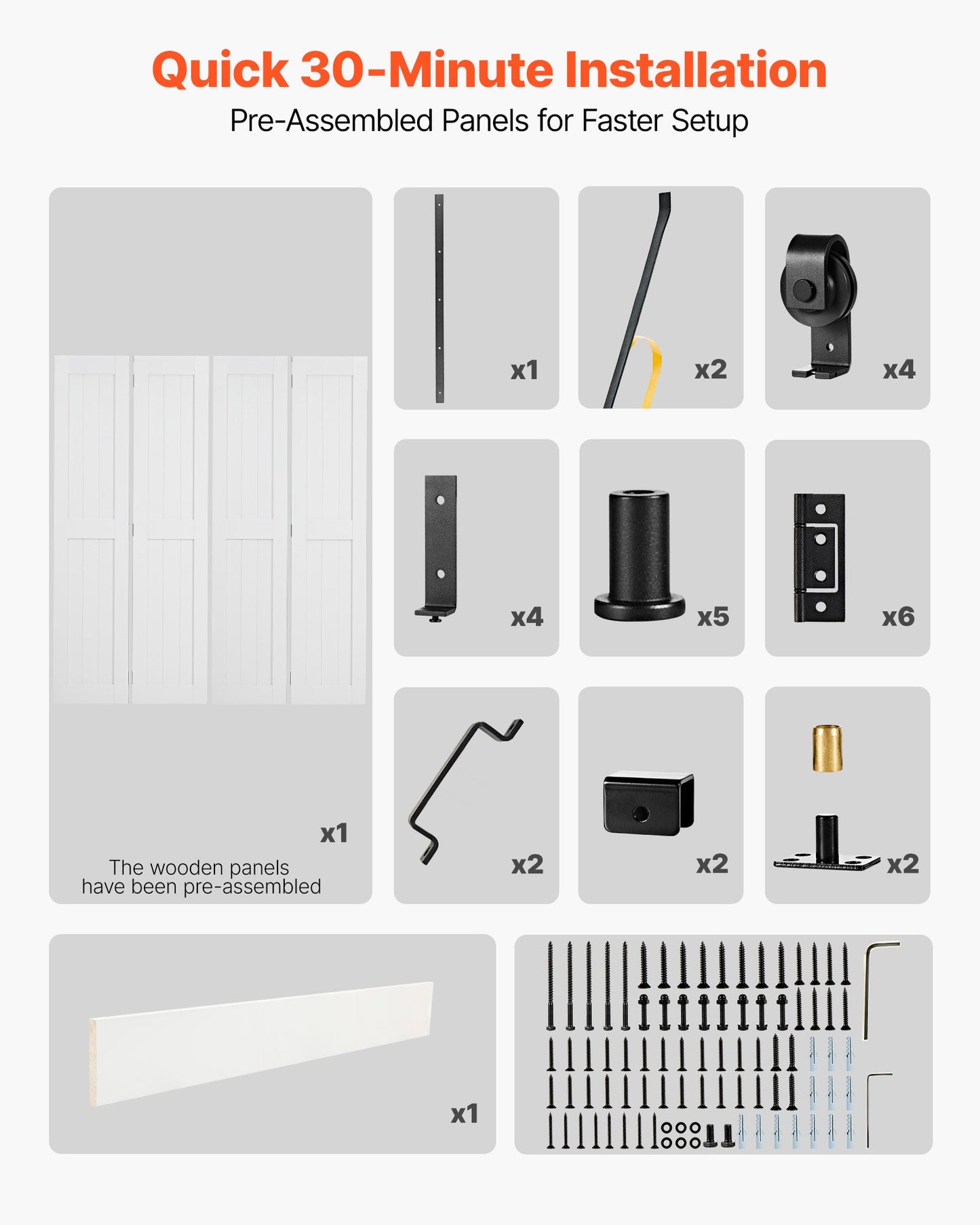 72-Inch White Bifold Barn Door with Hardware Kit - Space-Saving MDF Sliding Closet Door