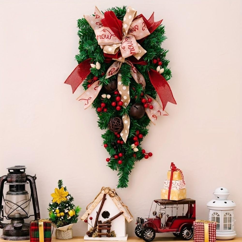 Christmas Candy Cane Wreath - Green Leaves Door Garland