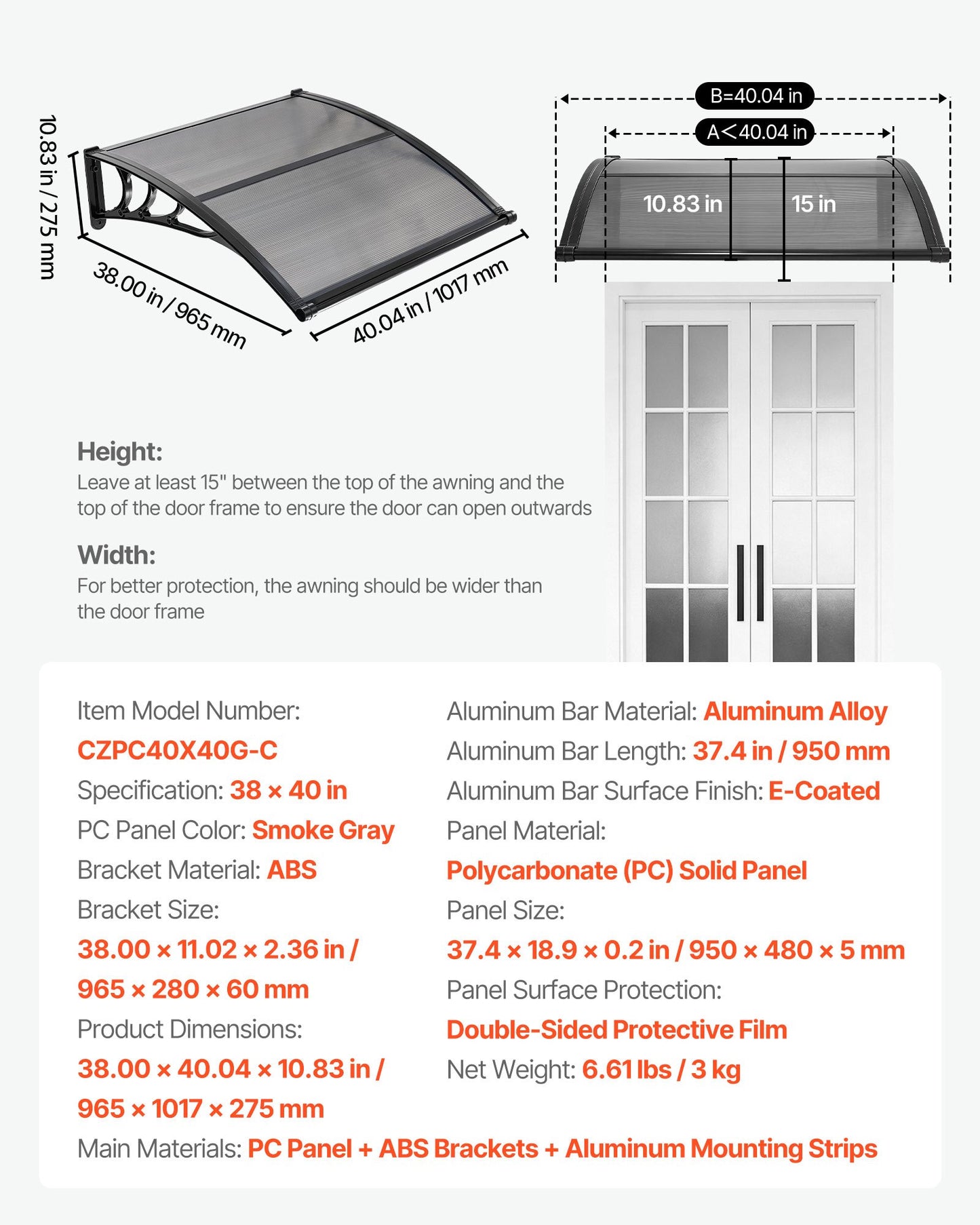 Outdoor Door Canopy Awnings 38x40 Inches - Polycarbonate Sun Rain Snow Protection with Drainage & Mounting Kit, Black