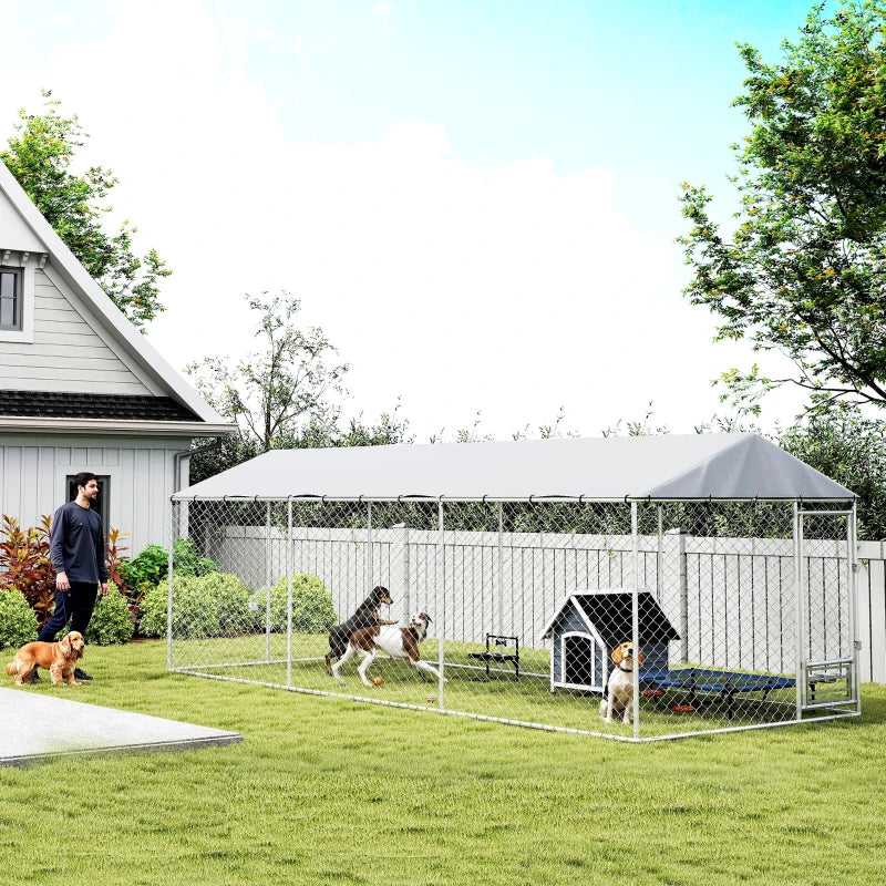 Outdoor Dog Kennel with Lockable Door UV-Resistant Cover 20x7.5x6.5ft, Silver