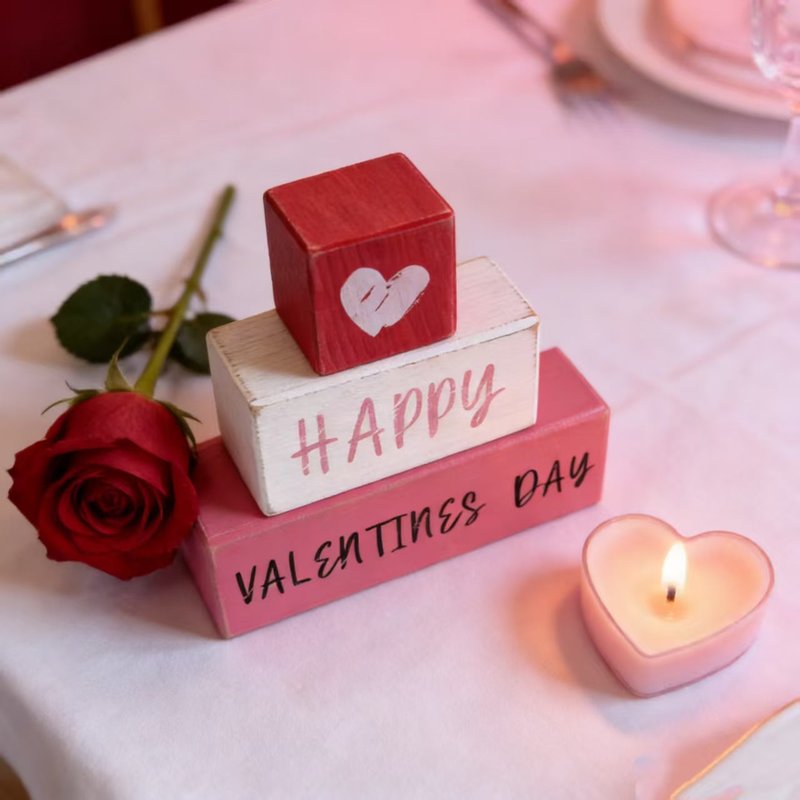 Valentine's Day Wooden Block Sign - Romantic Table Decor & Photo Prop