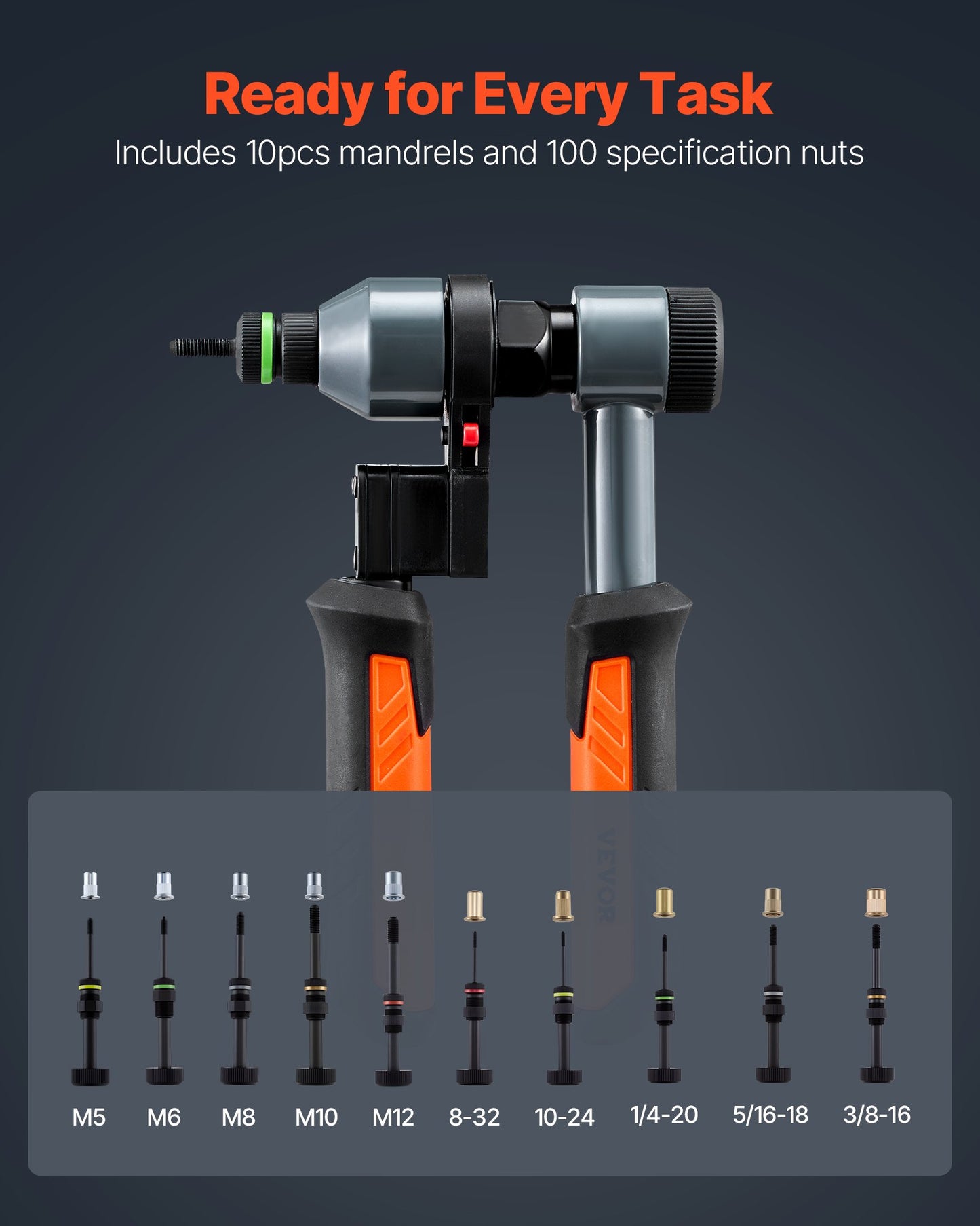 Rivet Nut Tool Kit with 10 Mandrels & Nuts - 9-Inch Hand Riveting Set
